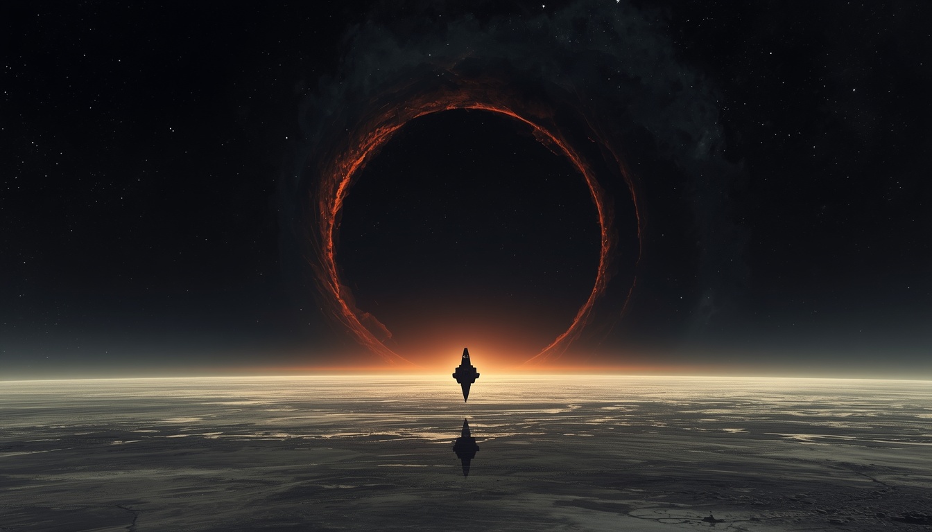 A lone small ship drifting at the threshold of the band, in ember light